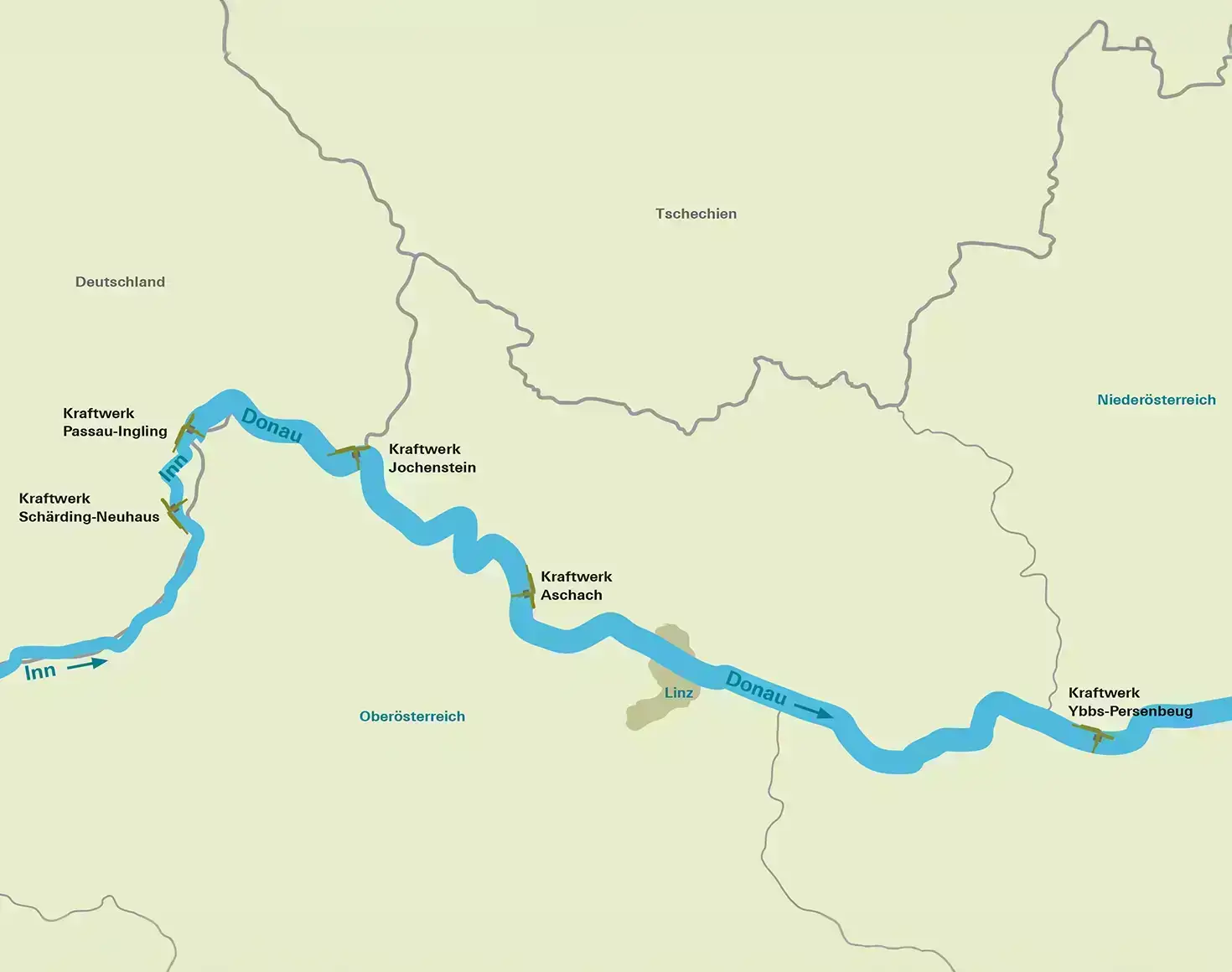 Zu sehen ist eine Landkarte Donau / Inn in Oberösterreich für die Standorte von LIFE Blue Belt Danube Inn. Links wird dabei der Inn abgebildet, welcher nach rechts fließt. Dabei wird zuerst das Kraftwerk Schärding-Neuhaus und dann das Kraftwerk Passau-Ingling durchflossen. Anschließend mündet der Inn in die Donau, welche in der Karte dann weiter nach links fließt und dabei das Kraftwerk Jochenstein, Aschach sowie Ybbs-Persenbeug passiert. Rundherum sind oben noch Deutschland und rechts davon Tschechien sowie weiter Niederösterreich abgebildet. Unterhalb befindet sich noch Oberösterreich.